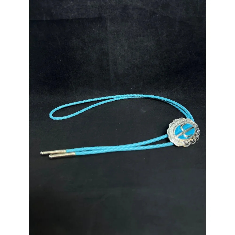Western Aqua Blue & Silver Tone Cactus Bolo Tie Necklace (4735-1 to -5) - Picture 5 of 5